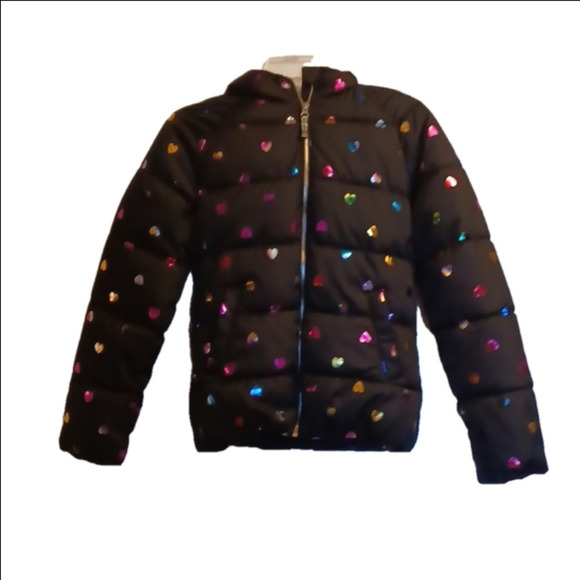 Old Navy Other - OLD NAVY, GIRLS PUFFER, BLACK JACKET WITH MULTI COLORED HEARTS, SIZE XL …